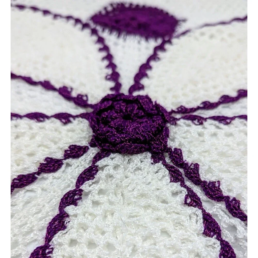 Large Crocheted Round White Purple Raised 3D Flower Doily 25